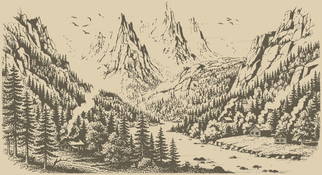 Vintage Hand Drawn Mountain Valley Landscape with Pine Forest and Cabins