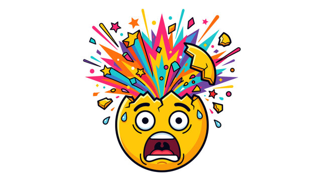 Exploding head emoji bursting with colorful thoughts showing information overload