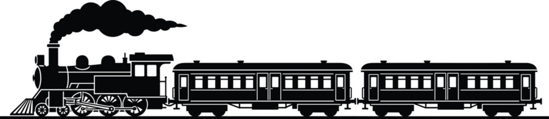 Silhouette of steam locomotive with smokestack pulling passenger cars on track, vintage railway transportation train illustration design © Sadaqul