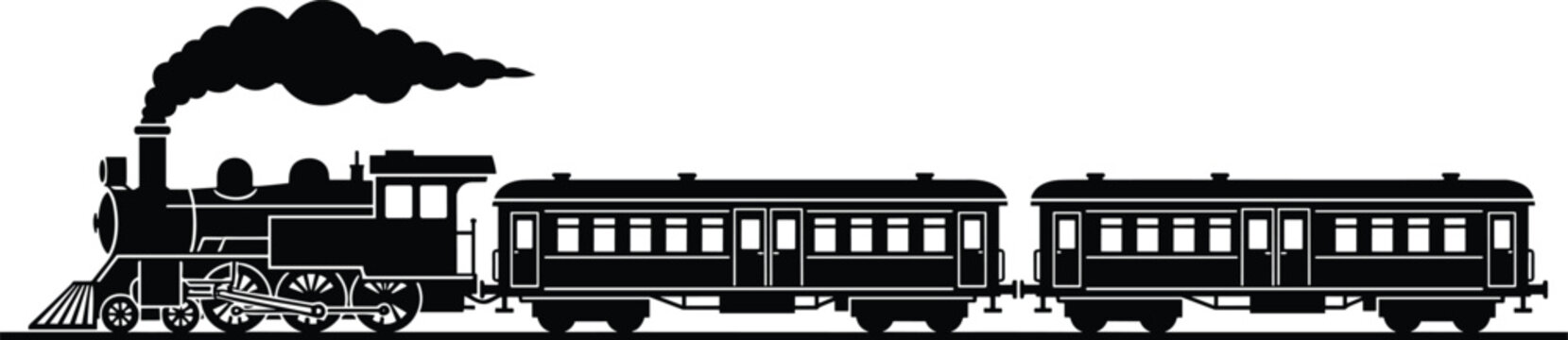 Silhouette of steam locomotive with smokestack pulling passenger cars on track, vintage railway transportation train illustration design