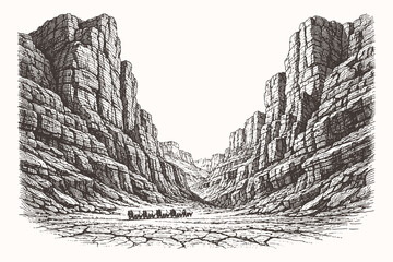 Professional vintage engraving vector illustration of a massive deep canyon gorge with layered rock formations and a desert floor in woodcut style art. © Chairul