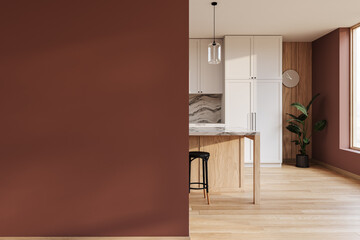 empty interior with blank wall and open kitchen in warm natural light, 3D render