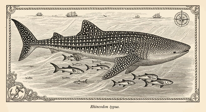 Vintage Whale Shark Illustration Rhincodon Typus