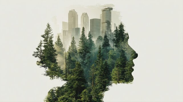 Double exposure of urban cityscape and nature silhouette, conceptualizing harmonious coexistence and sustainable development for future generations