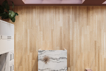 Top view of modern kitchen island with wooden floor, 3D render