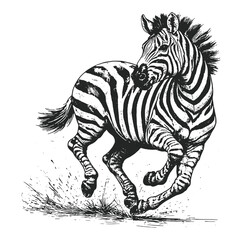 Detailed vintage engraving vector illustration of a galloping zebra featuring its iconic stripes in a classic high contrast woodcut style for safari themes. © Chairul