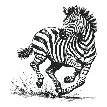 Detailed vintage engraving vector illustration of a galloping zebra featuring its iconic stripes in a classic high contrast woodcut style for safari themes.