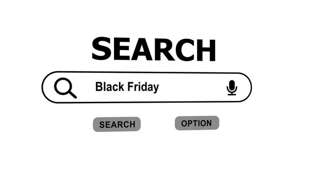 Black Friday search bar online shopping concept with magnifying glass and microphone on white background ecommerce discount day 4k 3D background animation