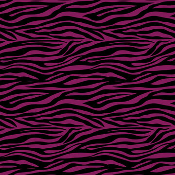 Stylish purple zebra animal print seamless pattern with black stripes. Modern fashion textile background inspired by exotic wildlife textures, ideal for fabric prints, fashion design, wallpapers and g