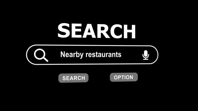 Search bar with text input for nearby restaurants and microphone icon on black background search engine
