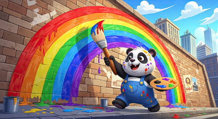 Obraz premium A cartoon panda painting a rainbow on a brick wall with cityscape background.