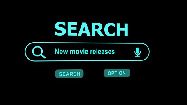 Search bar with text New movie releases and microphone icon on black background input field