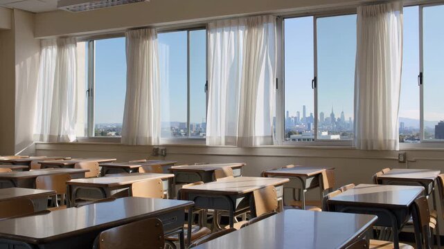 Empty school classroom with rows of desks and city view from window. Seamless looping 4k video background
