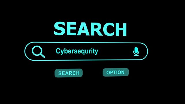 Search bar with text Cybersecurity and microphone icon on black background internet online