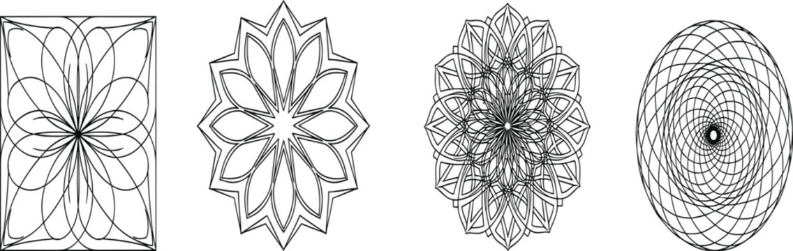 Geometric mandala line art vector set with abstract floral patterns spirograph designs symmetrical ornaments minimal outline decorative elements collection