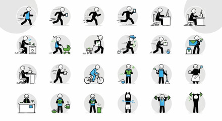 Fototapeta premium Collection of stick figure illustrations depicting various daily activities.