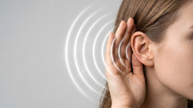 Woman holding hand near ear with visible sound wave graphics on a clean background, illustrating hearing sensitivity, auditory awareness, and sound perception in a modern conceptual setup.