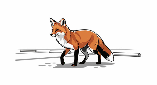 A red fox with black legs and tail tip walks on a white surface