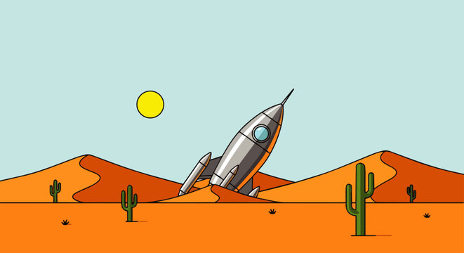 retro style illustration of a crashed silver rocket in a vast barren desert landscape under a sunny sky.