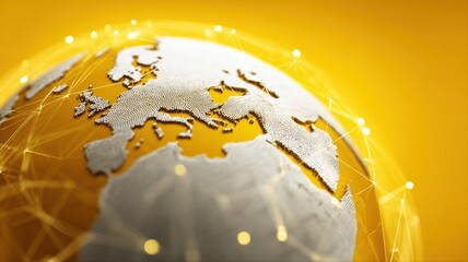 Fototapeta premium Global Network Visualization: Europe Focus, Interconnected World, Modern Technology Concept, Digital Communication, Yellow Tone