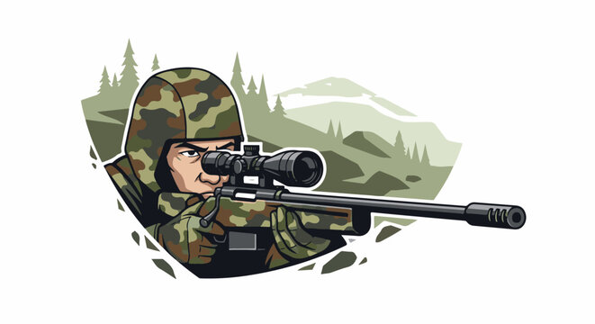 A soldier in camouflage aims a rifle with a scope through a misty mountain landscape
