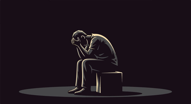 A solitary figure hunched over in despair under a dim spotlight