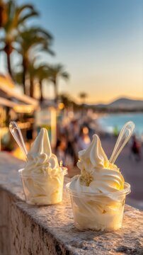 Delicious Soft Serve Ice Cream Cones at Beachfront Cafe with Palm Trees at Sunset