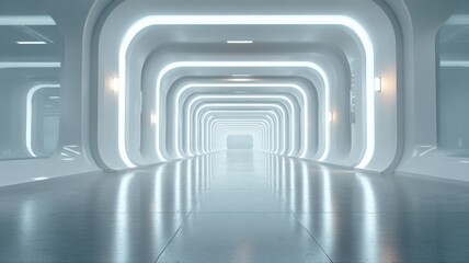Fototapeta premium Futuristic White Corridor with Neon Lights, Abstract Modern Architecture Interior Design, Minimalist Style, Perspective View