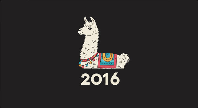A stylized white llama wearing a colorful saddle sits below the year 2016