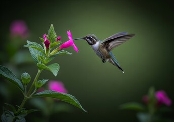 Naklejka premium Hummingbird Feeding on Bright Pink Flower in Flight