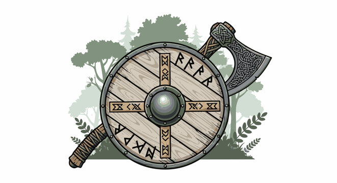 A Viking shield with runes and a battle axe in a forest setting