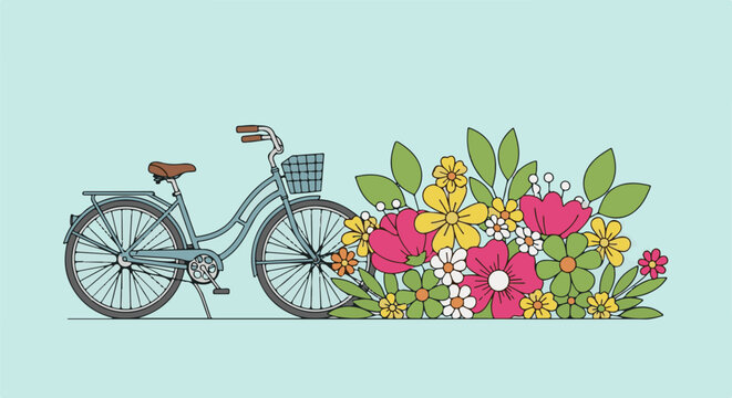 A vintage bicycle with a basket filled with colorful blooming flowers