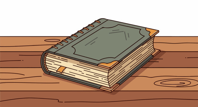 A vintage thick book with a dark cover rests on a wooden surface