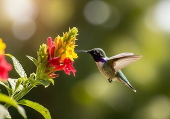 Naklejka premium Tiny hummingbird feeding on colorful blossoms in soft sunlight