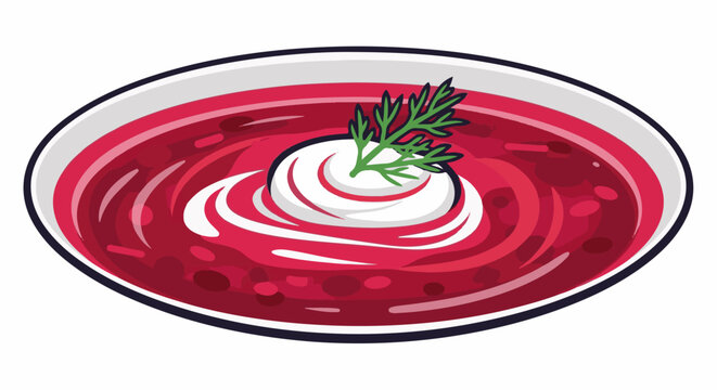A vibrant bowl of beet soup with a swirl of cream and dill garnish