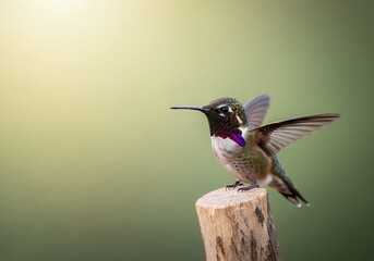 Naklejka premium Tiny hummingbird with vibrant purple gorget perched on wood