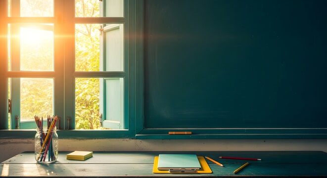 A classroom desk with a chalkboard, pencils, and a notebook on a sunny day