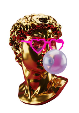 highly polished gold classical bust wearing neon pixel sunglasses, blowing a translucent bubblegum bubble mid-expansion, against a vibrant magenta studio background. luxurious ironic pop art concept