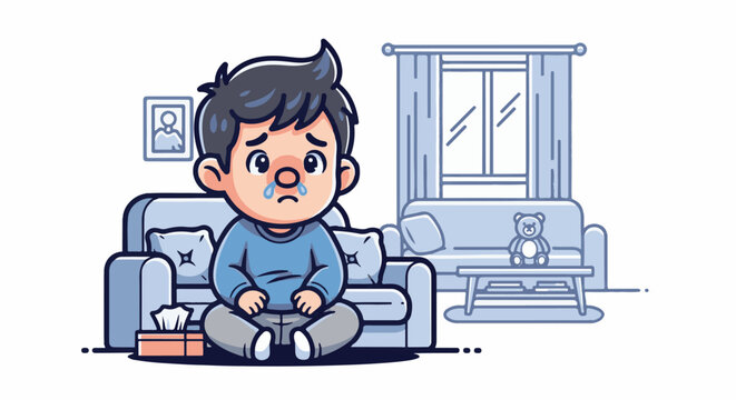 A sad, crying child sits on the floor next to a sofa with tissues