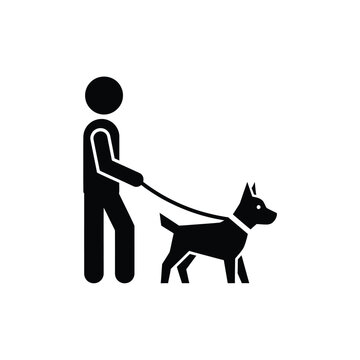 Illustration of vector man walking dog on leash in simple black and white design