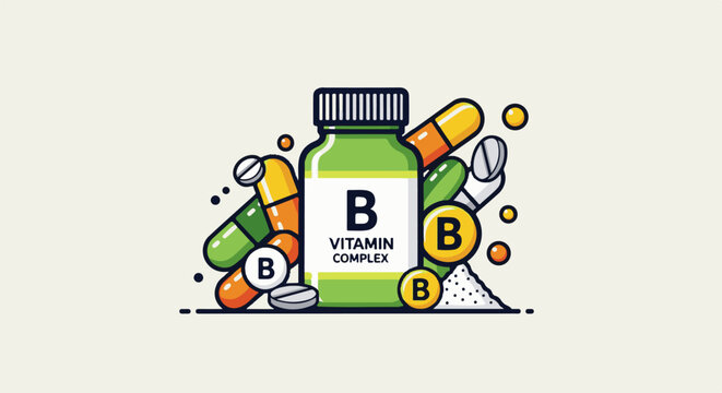 A vibrant, cartoon-style illustration of a vitamin B complex supplement bottle