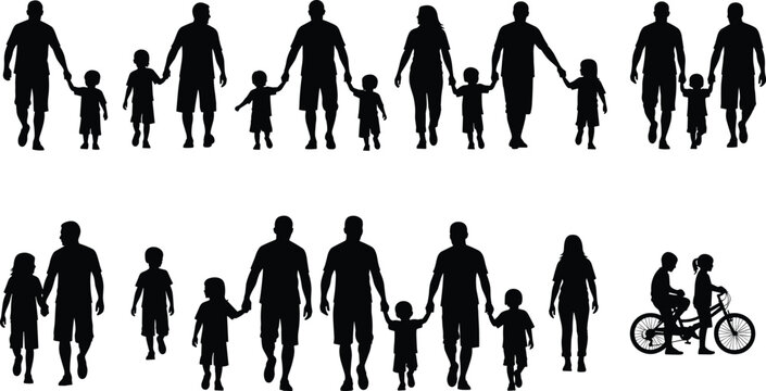 Black silhouettes of fathers and mothers walking with children holding hands, diverse family groups and kids on bicycle isolated on white background set. (25 words)