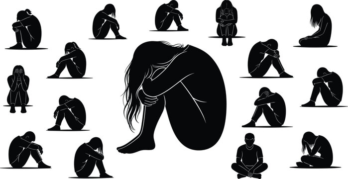 Black silhouettes of depressed people sitting alone, sad men and women feeling lonely, stressed, or anxious, mental health awareness concept isolated on white background. (25 words)