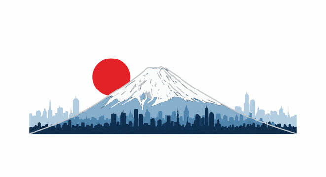 A snow-capped mountain overlooks a city skyline under a red sun