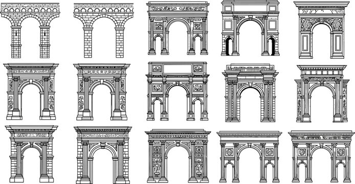 Set of black and white line art illustrations of classical triumphal arches and monumental gates, vintage neoclassical architectural design elements isolated on white background. (25 words)