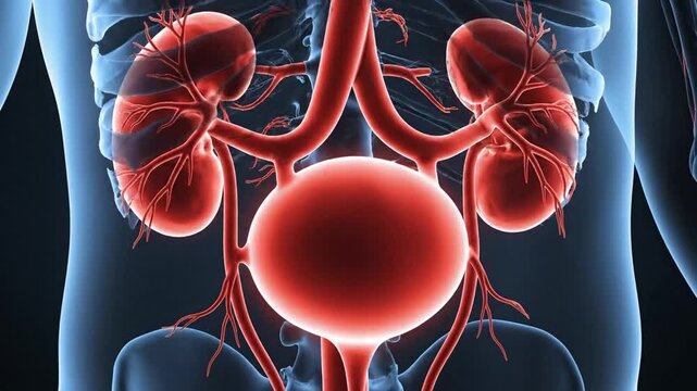 Anterior anatomical visualization of human urinary system featuring red kidneys, ureters, and bladder within a transparent light blue silhouette frame for medical education.