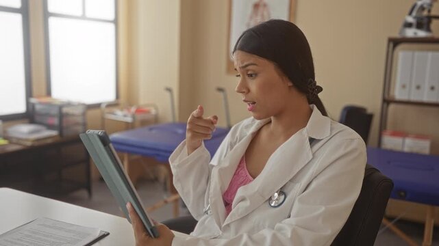 Woman doctor wearing white coat taps tablet and points finger to screen in clinic building with documents on desk; remote consultation compassion.