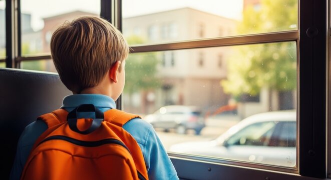 A young boy with a backpack looks out the window on a bus