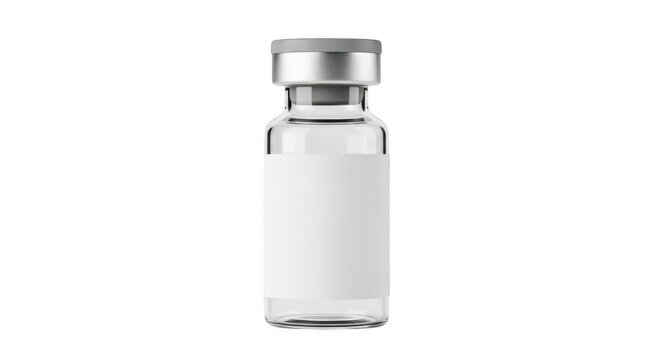 A small glass medical vial featuring a metallic silver cap and a large blank label for branding isolated on transparent background,png