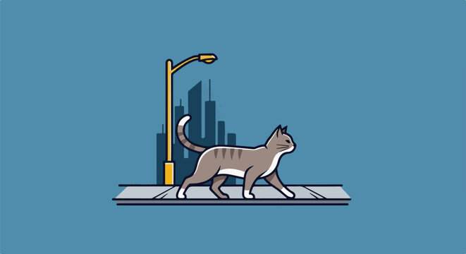 A stylized tabby cat walks across a sidewalk in front of city buildings
